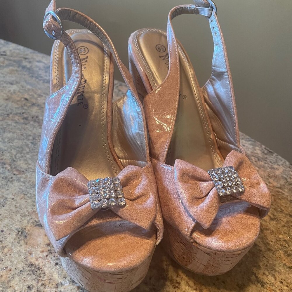 Nature Breeze Blush Pink Slingback Heels with Bow (Size 6.5)